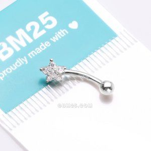 14 Karat White Gold Prong Set Brilliant Flower Gem Sparkle Curved Barbell